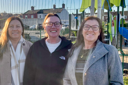 Cllr. Rachel Speak, Cllr. Adele Hayes and Sharon Rutter outside the playground 