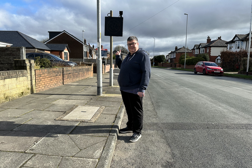 Tom at the speed sign on Bury New Road