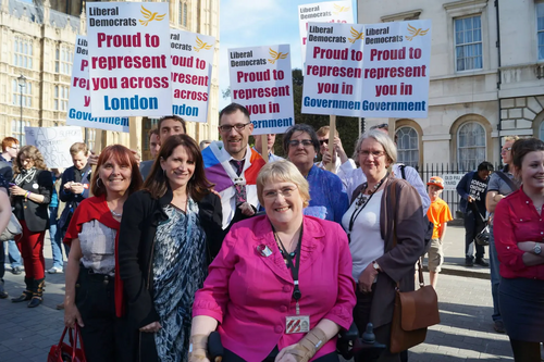 Lynne Featherstone, Sal Brinton, Liz Barker and Judith Jolly with Adrian Trett and Ed Fordham of LGBT+ Lib Dems and Linda Jack