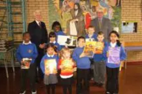 Paul Rowen MP, Headteacher Jed Morgan and some of the ST John’s pupils.