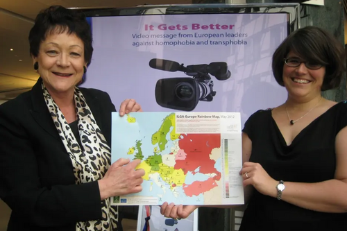 Sarah Ludford MEP (left) with Evelyne Paradis, Europe Executive Director of the International Lesbian, Gay, Bisexual, Trans and Intersex Association (ILGA)