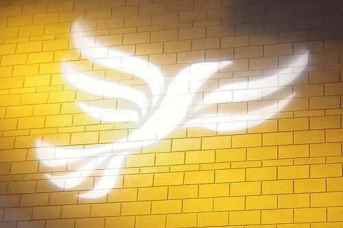 Lib Dem logo bird projected on blockwork