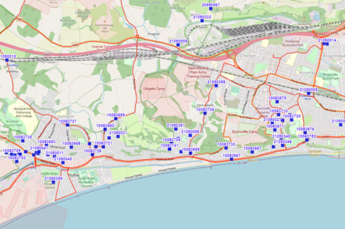 Gritting bin map for Hythe East, Saltwood, Seabrook, Cheriton, Sandgate and West Folkestone (Map from https://kentcounty.maps.arcgis.com/apps/webappviewer/index.html?id=6129b62969e54cf7b50ccf720f415c8d#)