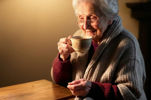 Warm pensioner sipping tea.