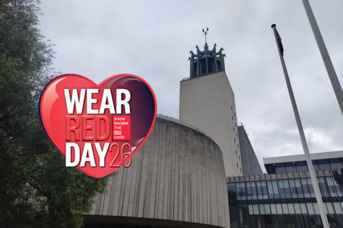 Civic Centre with Wear Red Card day logo overlaid