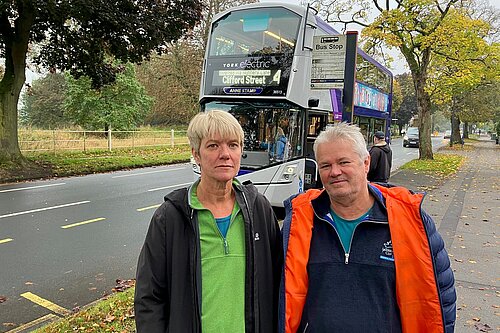 Cllr Widdowson with resident Glenn Sargent at a Number 4 Bus Stop