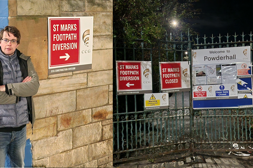 The gates closed at the Powderhall path and Jack standing next to a diversion sign