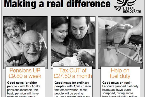Lib Dem successes in Government: higher pensions, tax cuts for the lowesrt earners, fuel duty freezes.