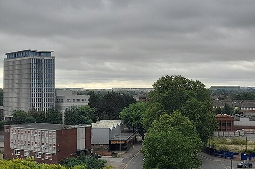 Bedford Heights, a tree and hangars in background