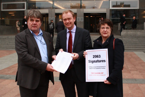 Tim with Catherine Bearder MEP presenting a petition for EU Solidarity Funding