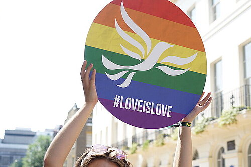 <img alt="Young person holding a round sign over their head with a rainbow-striped, pride flag design overlaid with the Liberal Democrat bird of liberty emblem and #LoveIsLove" title="" src="/fileadmin/_processed_/8/4/csm_F9_a28a76b9c0.jp