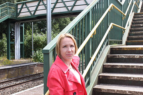 Helen Morgan with the steps at Whitchurch Station