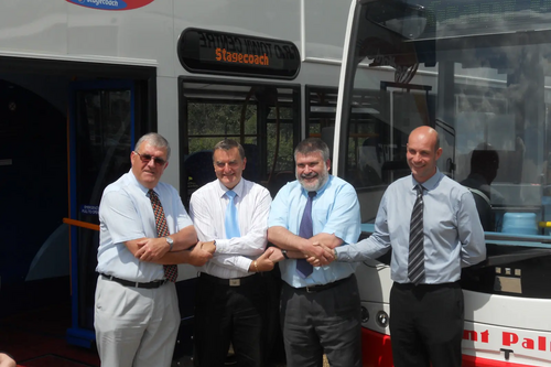 Mayor Dave Hodgson marks the launch of new bus services in both rural and urban Bedford Borough with Godfrey Willis of BABUS, Andy Campbell  of Stagecoach and Grant Palmer