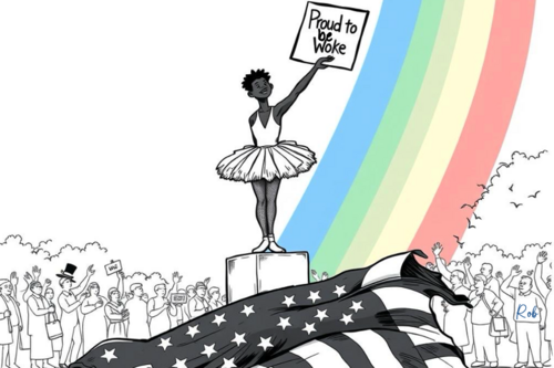Proud to be Woke, press cartoon of Male Ballet dancer standing at Speakers Corner with a sign saying "Proud to be Woke"