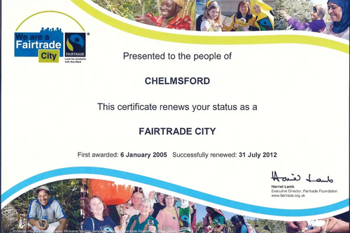 Chelmsford's Fairtrade City certificate