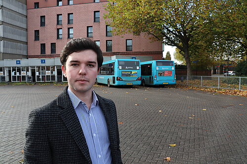 Alex Wagner at Shrewsbury Bus Station when addressing increased parking charges