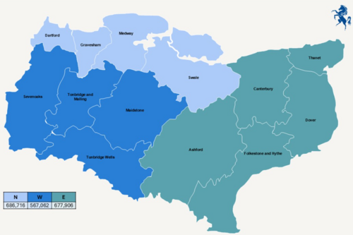 Kent LGR option 3a map - 3 unitaries authorities covering Kent