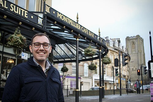 Tom Gordon MP outside Betty's Tea Room Harrogate