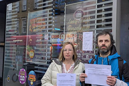 Cllr Claire Bonham and campaigner Yusuf Osman outside the Admiral on Westow Hill