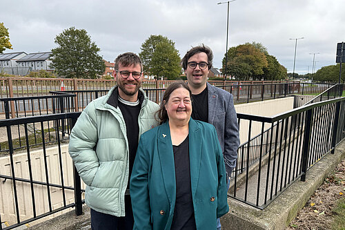 Councillors Margaret Crosby, Paul Edgeworth and Stephen O'Brien outside the Hastings Hill subway on Chester Road, Grindon