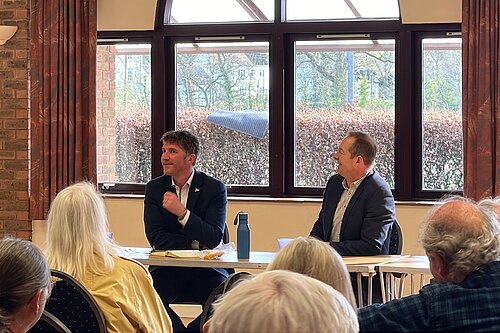 Edward Morello and Richard Foord MP at the public meeting at Uplyme Village Hall.